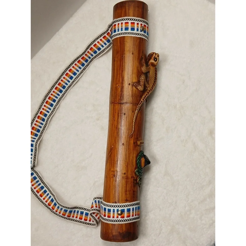 Vintage Hand Carved Bamboo‎ Galapagos Lizard Rainstick Shaker Woven Strap